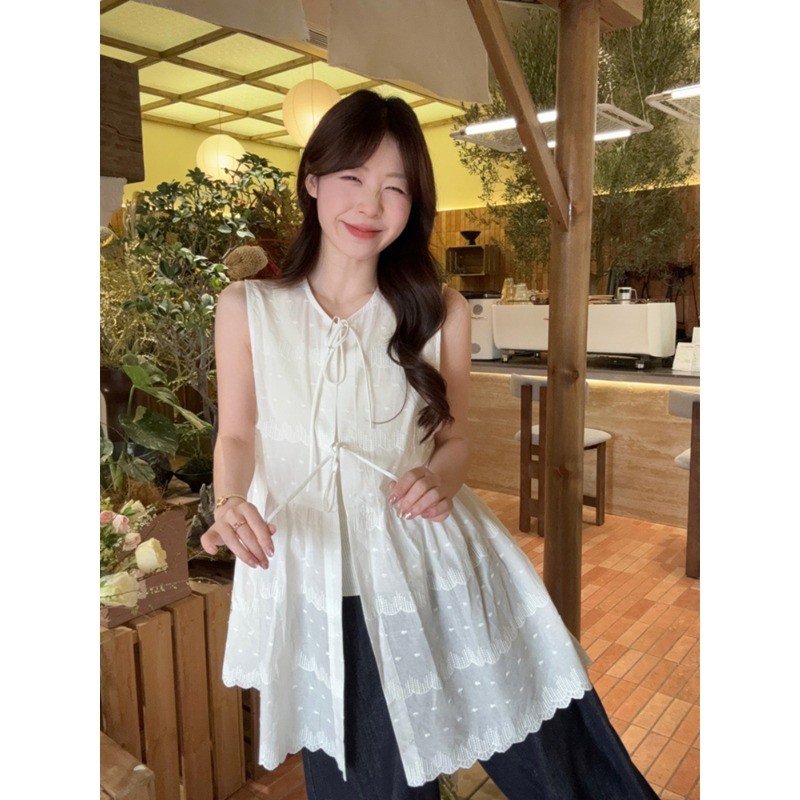 shayne-เสื้อสเวตเตอร์ถักแขนกุด เย็บปักถักร้อย โดย Jacquard ความเรียบง่าย อารมณ์ วรรณกรรมและศิลปะ แฟชั่นฤดูร้อน