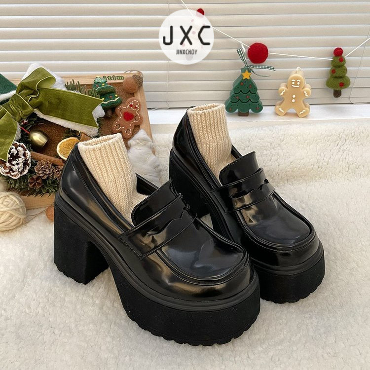 รองเท้าส้นสูง หนัง PU หัวกลม ส้นหนา ขนาดเล็ก สีดํา เข้ากับทุกการแต่งกาย สําหรับผ