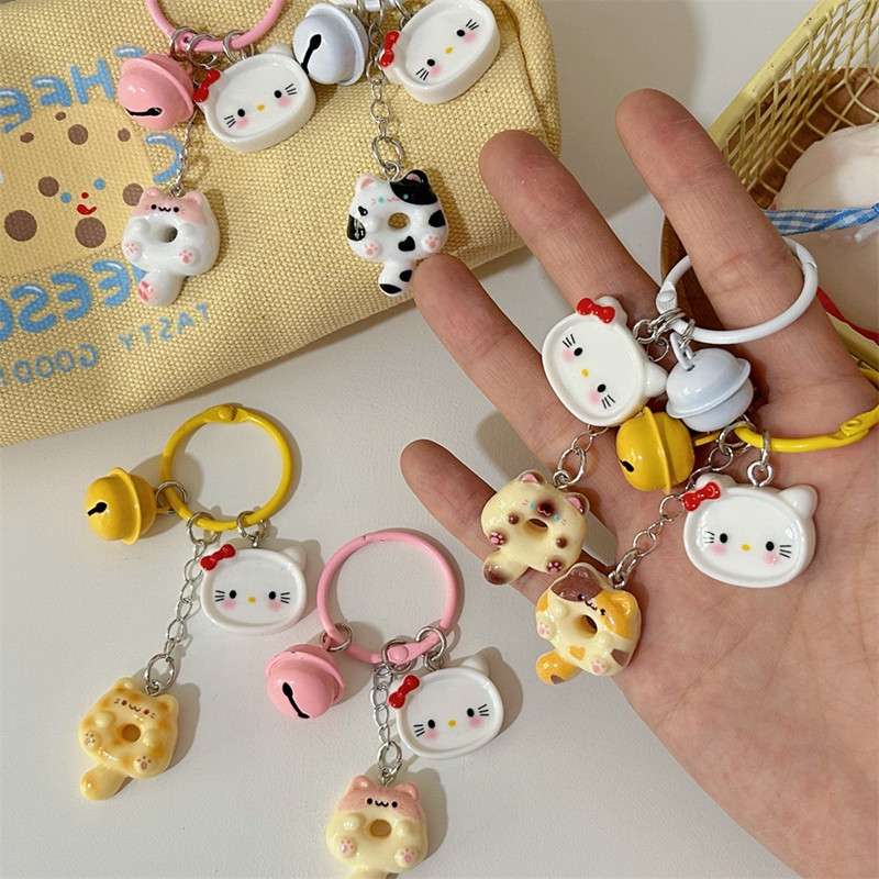 ลูกแมวแมวเรซิ่นพวงกุญแจโบว์กุญแจแหวนการ์ตูนคิตตี้รูปอุปกรณ์กุญแจ