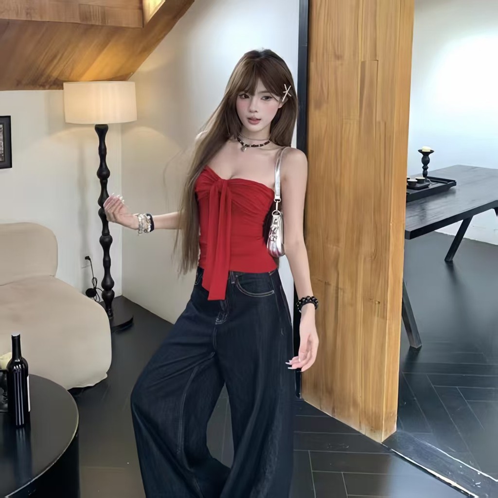 PrettyLady เสื้อเกาะอกโบว์รุ่นใหม่ สินค้าใหม่ประจำฤดูร้อนปี 2025 สายเดี่ยวแขนกุด ทรงสวย สไตล์เซ็กซี่เกาหลี มีฟองน้ำในตัว