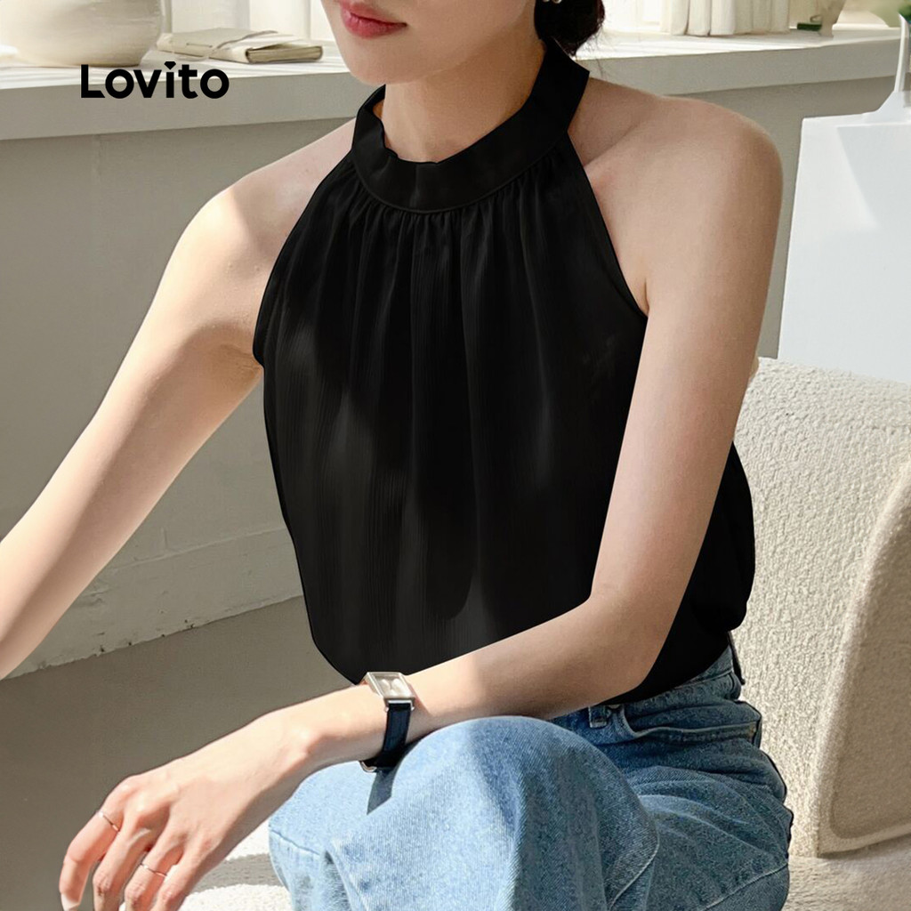 (Trendy) Lovito เสื้อกล้ามจับจีบสีพื้นหรูหราสําหรับผู้หญิง L129ED275