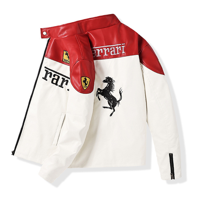 SF90 racing leather jacket, embroidered thick leather baseball jacket, flight jacket, stand-up colla