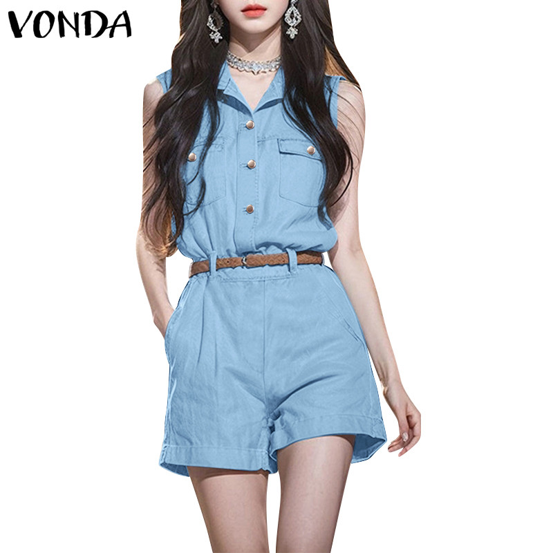 VONDA ผู้หญิงเกาหลีย้อนยุคปกกระดุมแถวเดียวแขนกุดขากว้าง Jumpsuits