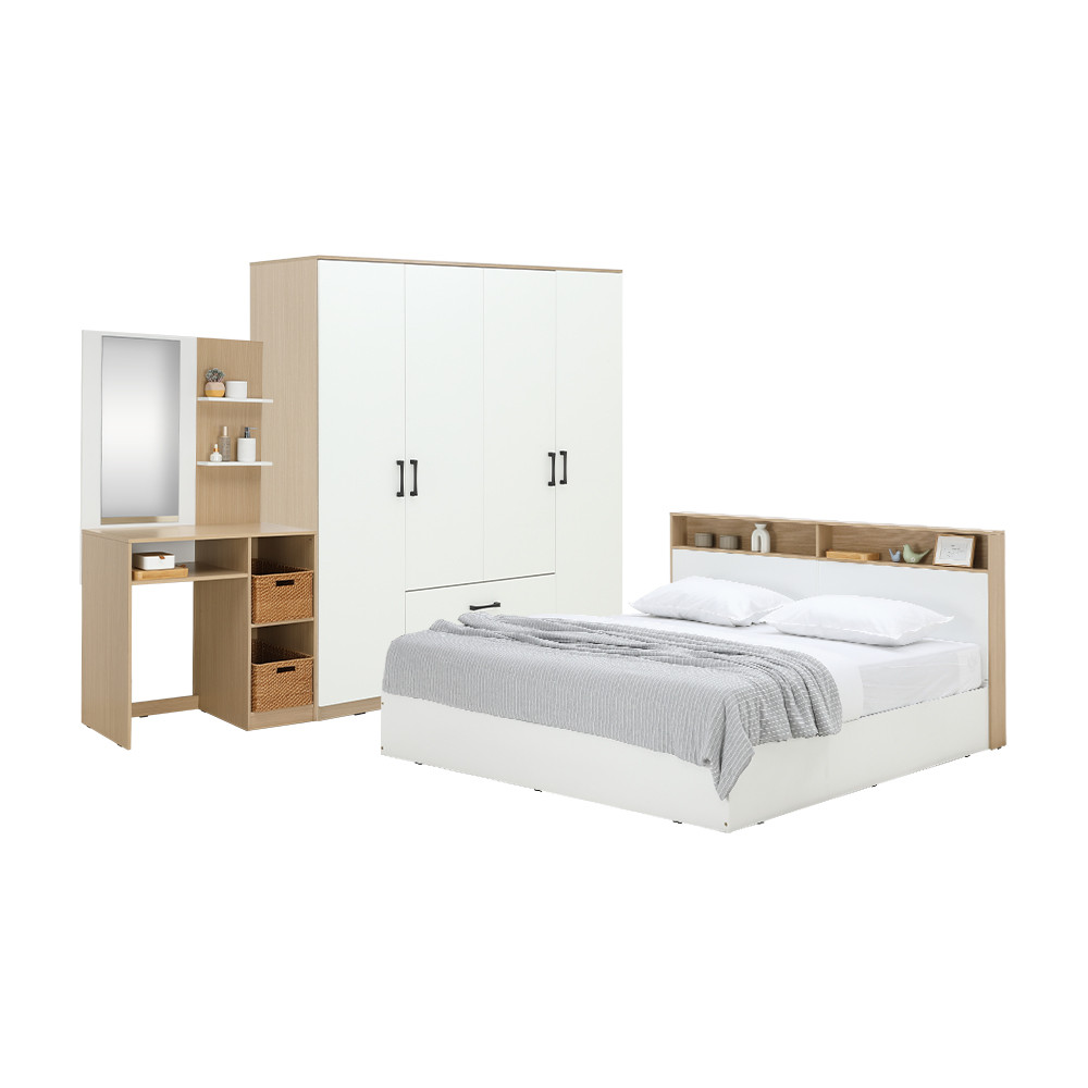 HomeHuk ชุดห้องนอน รุ่นคาร์เนชั่น+ฟินซ์ (เตียง, ตู้เสื้อผ้า 4 บาน, โต๊ะเครื่องแป้ง) - สีขาว/ธรรมชาติ