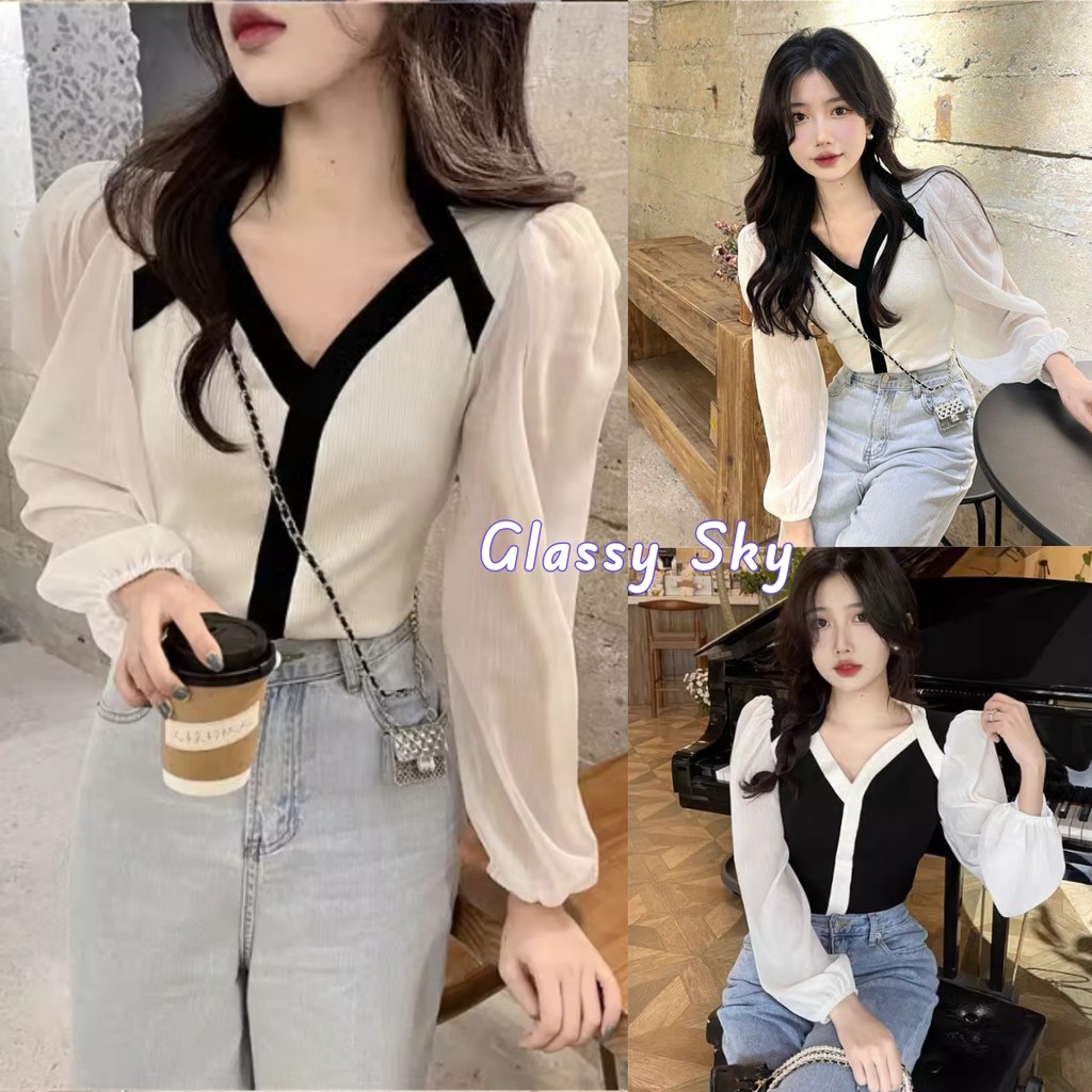 Glassy Sky พร้อมส่ง เสื้อไหมพรมคอวี แขนยาวซีทรูเล็กๆ สไตล์สาวโคเรียน่ารัก สวมใส่สบาย(7263-C)