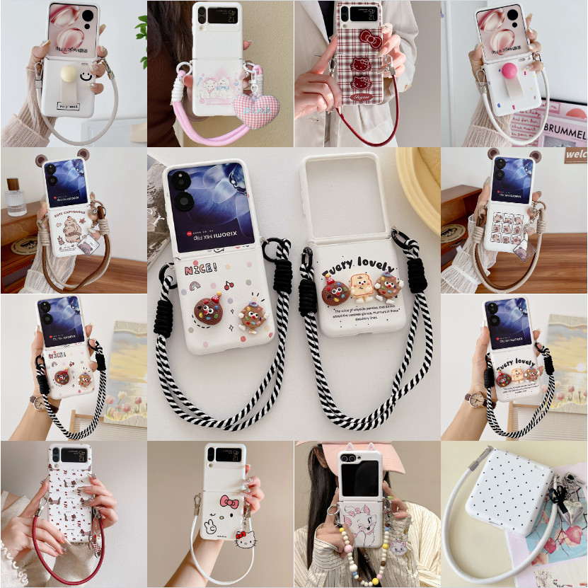 สําหรับ zflip 6 5 4 3 OPPO Find N3/N2 Flip Xiaomi MIX Flip HONOR Magic V Flip เคสโทรศัพท์มือถือหน้าจอพับ การ์ตูนน่ารัก Mary cat เคสพีซีเคลือบอย่างเต็มที่พร้อมจี้สร้อยข้อมือ