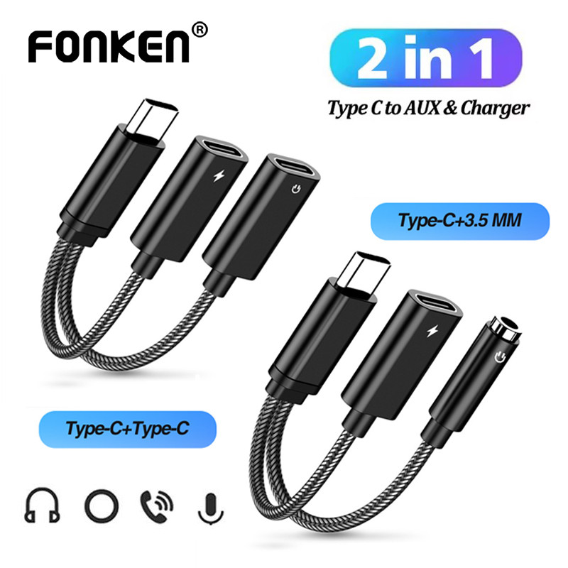 Fonken 2 in 1 USB C Splitter Fast Charger Cable Type C ถึง 3.5 มม.แจ็คหูฟังอะแดปเตอร์เสียง