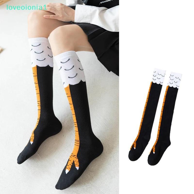 loveoionia1 ไก่ Paws ฟุตถุงเท้าผู้หญิงกว่าเข่าถุงเท้ายาวการ์ตูนตลกผ้าฝ้ายขาไก่ Claw สุภาพสตรี 3D พิมพ์ต้นขาถุงเท้าสูง IA