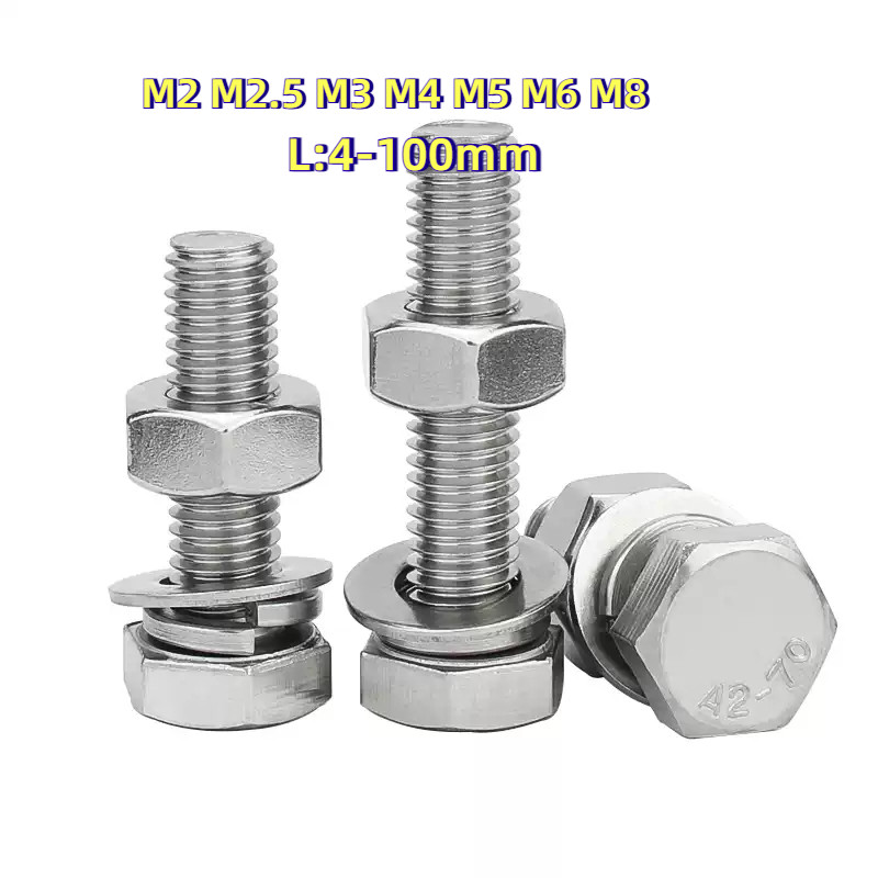 [HJC-LY-w] Hexagon Bolt SUS304/น็อต สกรู หัว หกเหลี่ยม พร้อม แหวน+สปริง+ตัวเมีย สเตนเลส 304 เกลียวมิล หยาบ M2M2.5M3M4M5M6M8