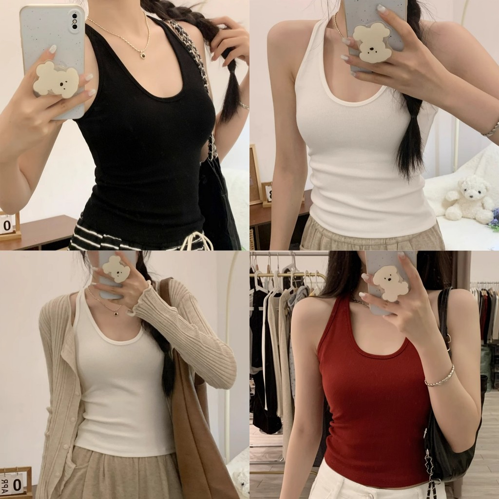 Evelyn ​เสื้อกล้ามผู้หญิง มีฟองน้ำ สลิมฟิต เซ็กซี่ ผ้าร่องเล็กฟิลคาวาอี้ สีพื้นยืดกำลังดี ใส่สบาย#FY298