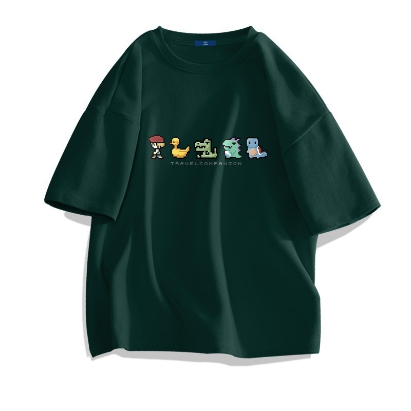 COD (จัดส่งในกรุงเทพฯ) MAO Shop เสื้อยืดแขนสั้นสีเขียวเข้มผู้ชายฤดูร้อนสไตล์พิกเซลเด็กผู้ชายหลวมครึ่งแขน, #56073