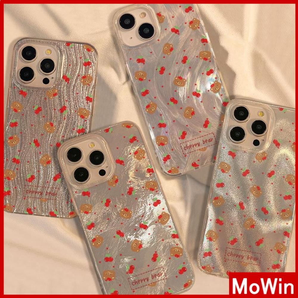 Movin - เคส iPhone 16 11Pro Max ลายขนนกสีเงิน เคสใสโฮโลแกรมเลเซอร์สุดหรู TPU หมีเชอร์รี่น่ารัก นุ่ม สำหรับ iPhone 15 14 13 12 Pro max XS XR 7 8 Plus