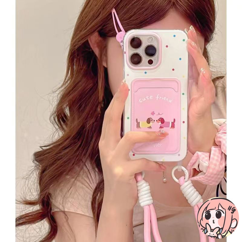 เคสใส่บัตรแบบมีสายคล้องสองเส้นเคสไอโฟน 11 15 13 16 12 14 XR 11 13 Pro Max X XS Max 7 8 16 Plus SE เคสดัชชุนด์สุดน่ารัก