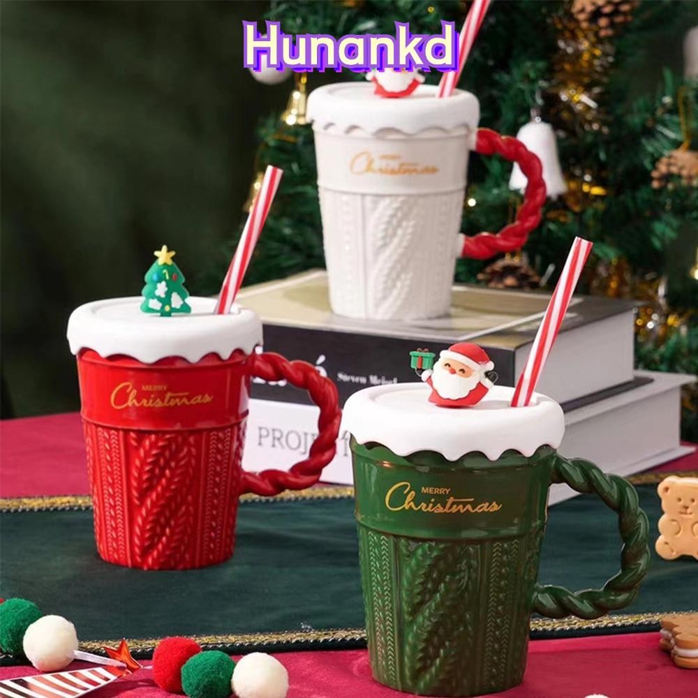 Huan แก้วคริสต์มาส ถ้วยเซรามิกสร้างสรรค์ ของขวัญวันหยุด เซรามิคคุณภาพสูงพร้อมฝาปิดฟางถ้วยคู่ Office Home