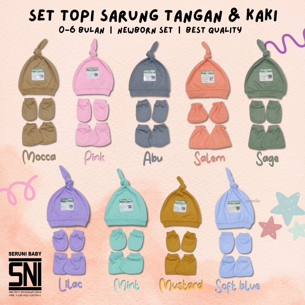 Katun (ซื้อ 1 แถม 3) PLAIN & MOTIF Baby Gloves and Feet Hat / ถุงมือเด็กแรกเกิดและหมวกเท้าครบชุด SNI Premium Cotton 0-6 0-3 0-12 เดือน Alinkidos Birth Gift