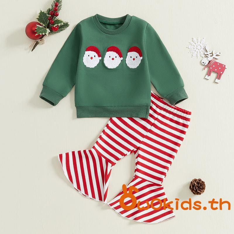 Grao-เด็กวัยหัดเดินสาวชุดคริสต์มาส Santa เย็บปักถักร้อยเสื้อแขนยาวลาย Flare กางเกง 2 ชิ้นชุด
