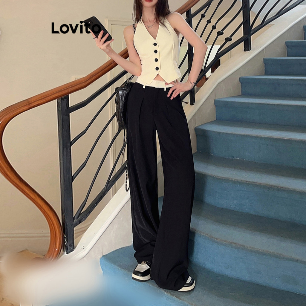 Lovito ชุดเซ็ทกางเกงขายาวผู้หญิง มีกระดุมด้านหน้า สีพื้น สไตล์ลำลอง LNE60444