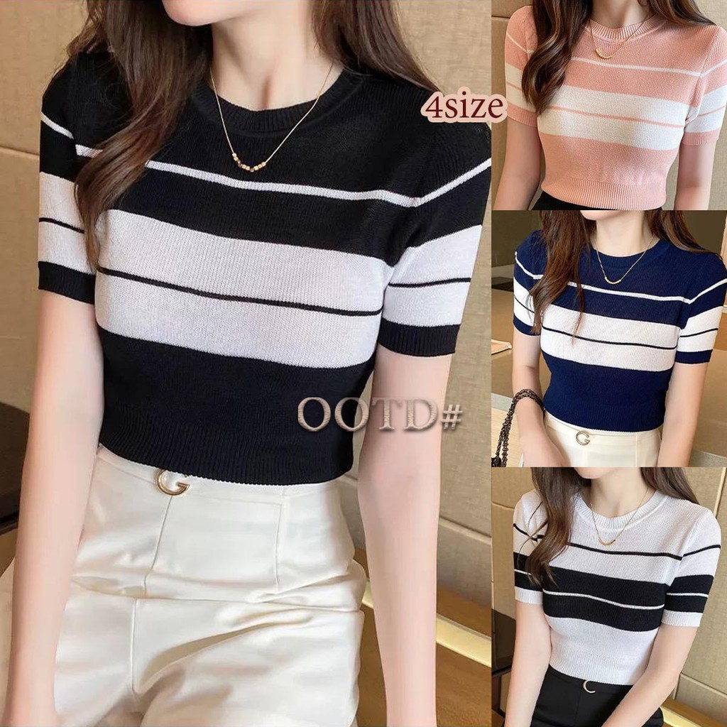 DODO#เสื้อไหมพรม คอกลม ลายขวาง สวมใส่สบาย สไตล์เกาหลี รุ่น3071 ผู้หญิง Clothing Women Lady เสื้อ ยืด Tshirt
