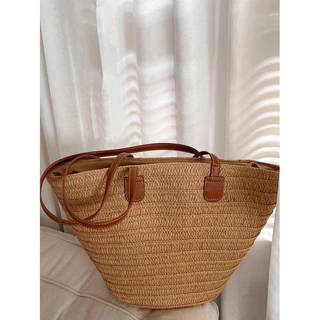 กระเป๋าสาน สายหนัง ทรงshoppping bag minimal P156