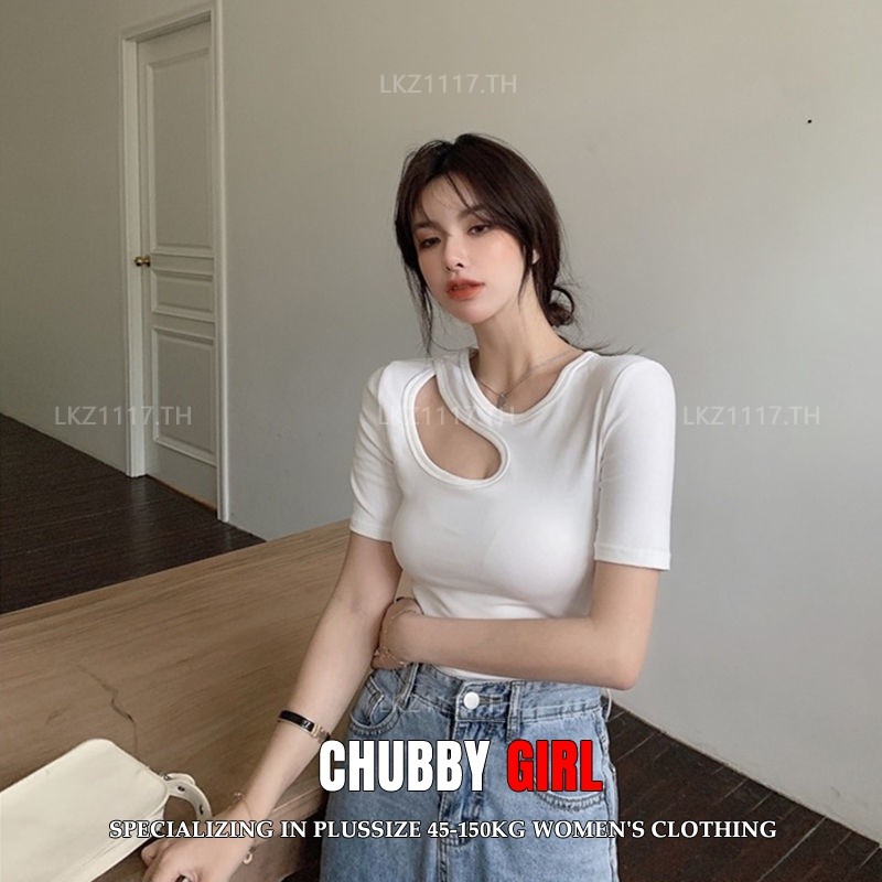 Plus size เสื้อผ้าสาวอวบ เสื้อยืดสาวอวบอ้วน ไซส์ใหญ่ ผู้หญิง เสื้อยืดรัดรูป แขนสั้น คอกลม สีขาว ฤดูร้อน สไตล์เกาหลีแฟชั่น