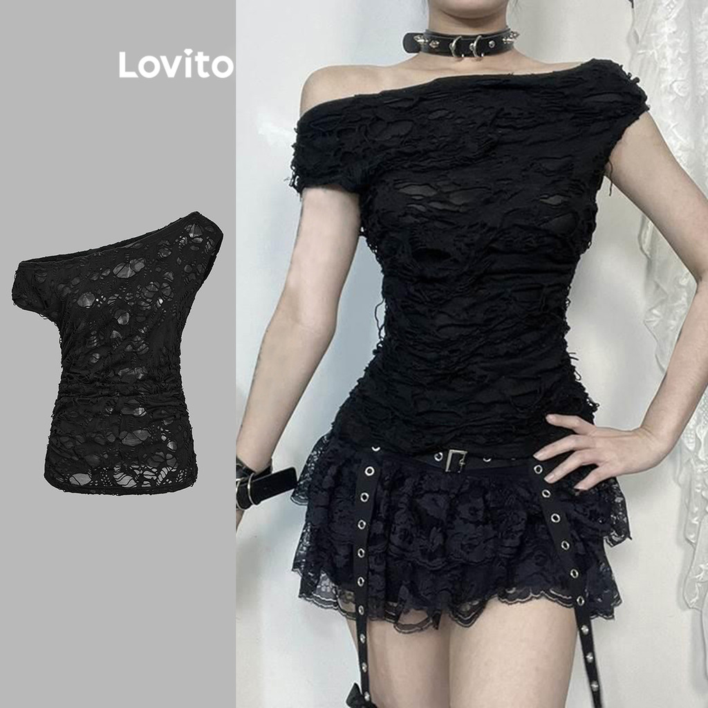 Lovito เสื้อยืดผ้าตาข่ายแจ็คการ์ดสีตัดกันแบบลำลองสำหรับผู้หญิง L110AD341