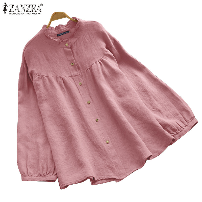 Zanzea เสื้อเชิ้ตสีทึบแขนยาวลําลองผู้หญิงเกาหลี