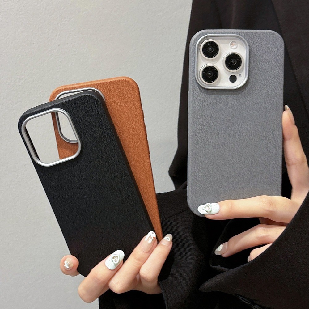 หรูหราสีทึบสําหรับiPhone 17 16 15 14 13 12 11 Pro Max 16E XR X XS Max 7 8 Plusหนังโลหะเลนส์กันกระแทกMatte Softปกหลัง - รูปที่ 5