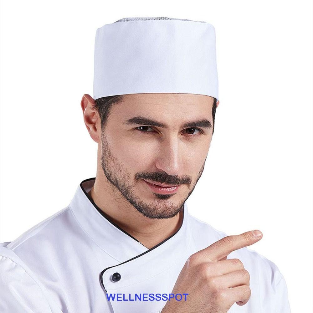 Wellnessspot Breathable Sushi Cap, WIth Mesh Top หมวกเชฟสไตล์ญี่ปุ่น, หมวกทํางาน, สายรัดทนทานสีดําไม่มีชายคาหมวกเชฟร้านกาแฟ