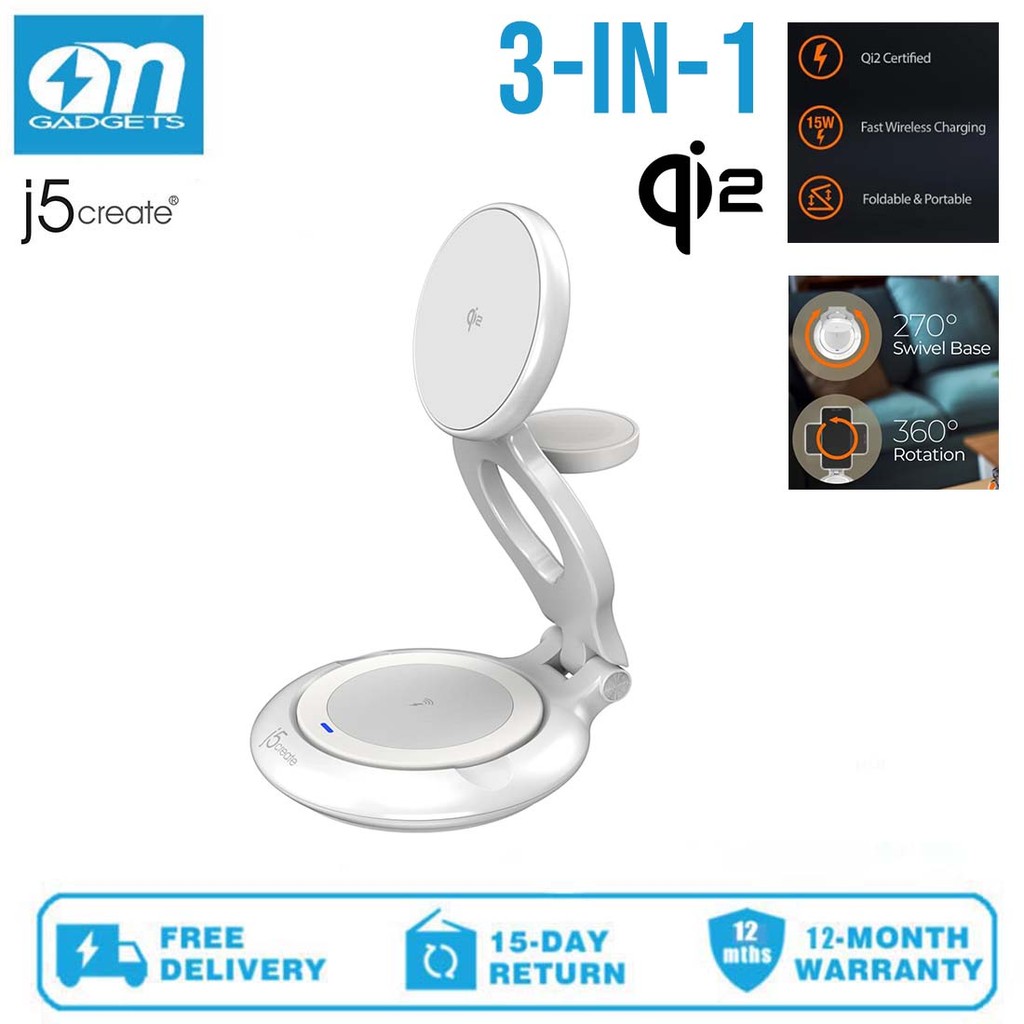 J5Create JUPW3415 Qi2 3-in-1 Magnetic Folding Wireless Charging Station สําหรับโทรศัพท์ชาร์จไร้สาย,น