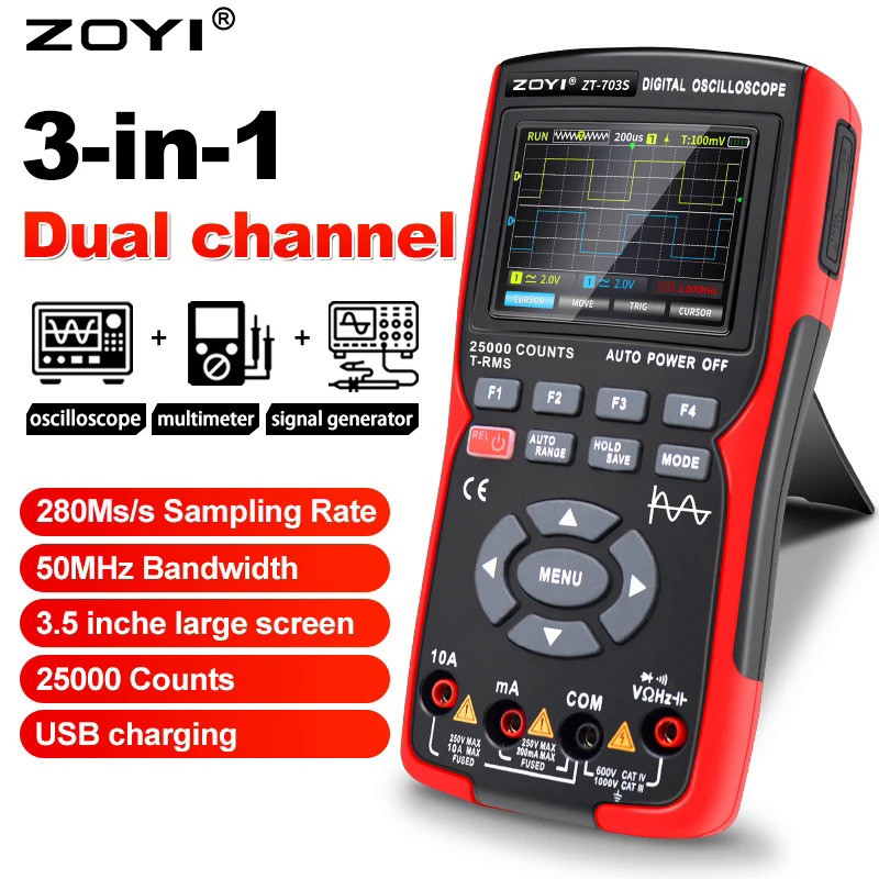 ZT703S 3In1 Digital Multimeter 50MHz Bandwidth 280MS Rate PC Waveform Data Storage Dual Oscilloscope