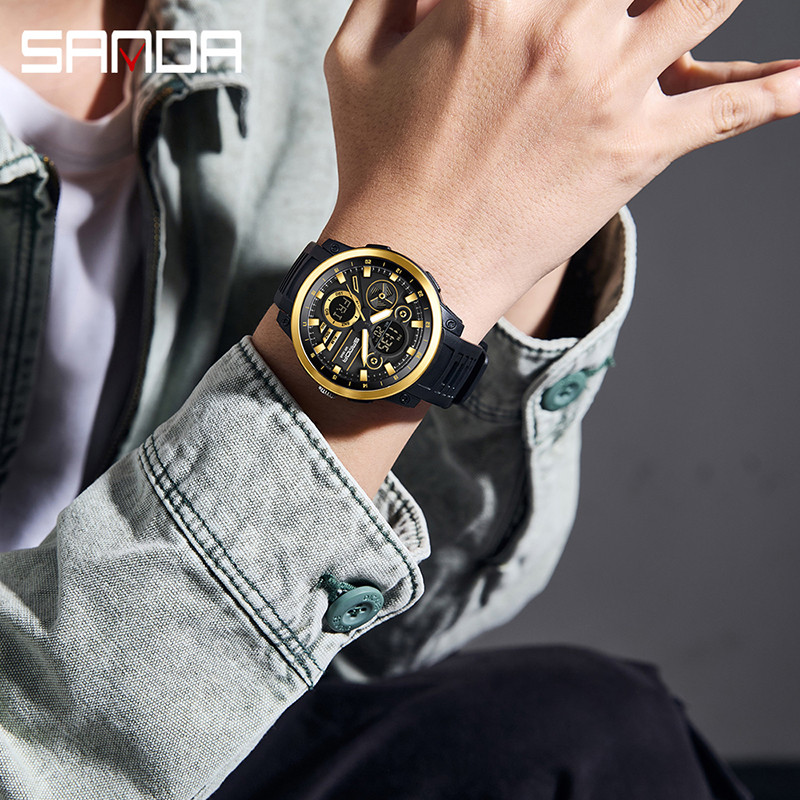 Sanda Dual Display Dial Luminous Calendar มัลติฟังก์ชั่นกลางแจ้งควอตซ์อิเล็กทรอนิกส์นาฬิกาผู้ชาย SD3379