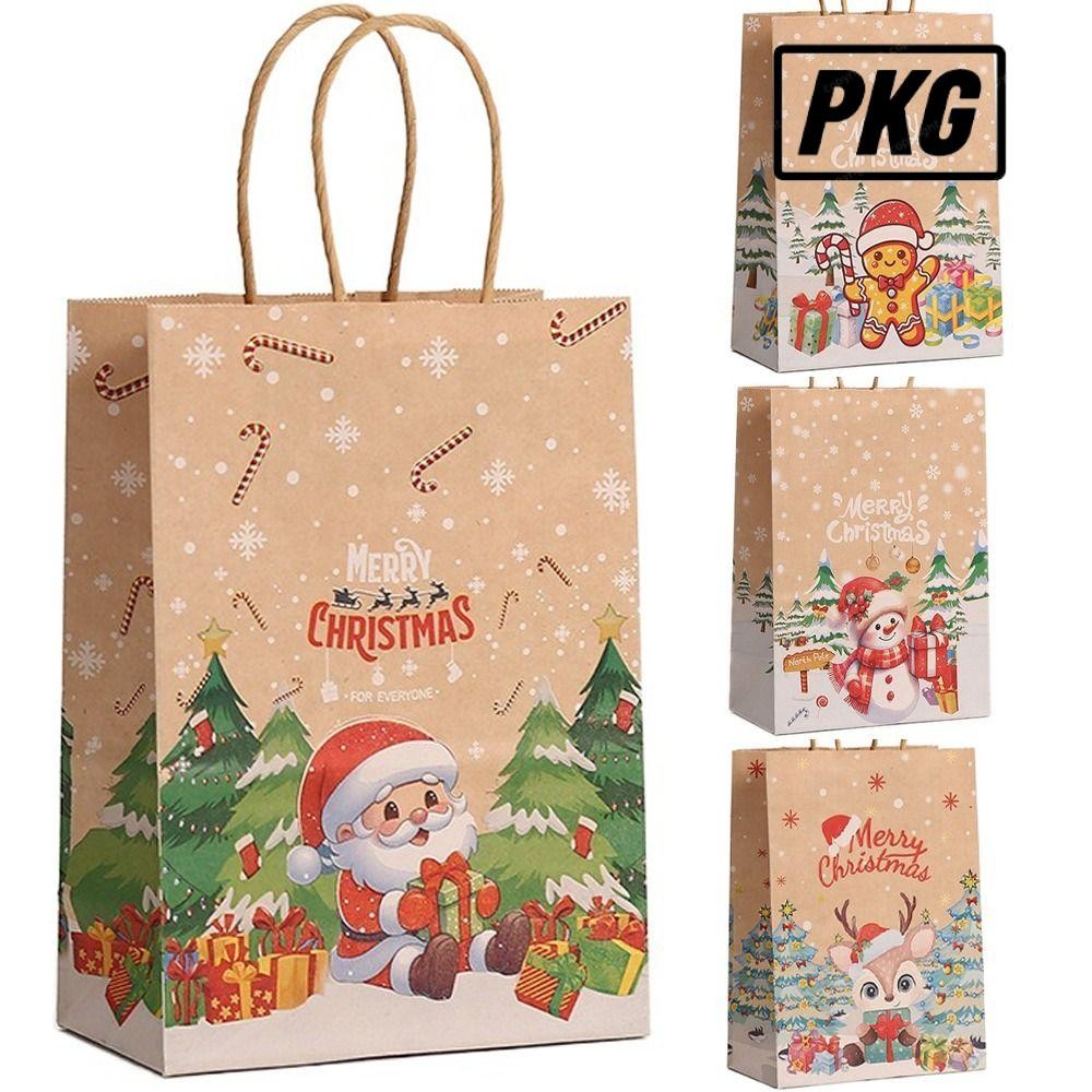 Repkg 6/12PCS กระดาษ Candy บิสกิตกระเป๋า,พร้อมที่จับ Merry Christmas ถุงกระดาษคราฟท์, การ์ตูน Santa Claus Elk Snowflake Party Decor ของขวัญบรรจุภัณฑ์ถุงสําหรับ Christmas Party