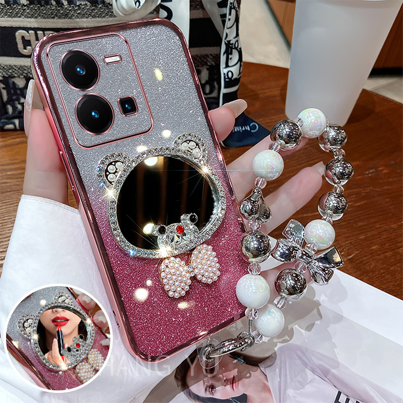 กันกระแทก case สําหรับ Vivo Y35 4G เคสโทรศัพท์หมีกระจกแต่งหน้าสร้อยข้อมือใหม่เคสโทรศัพท์