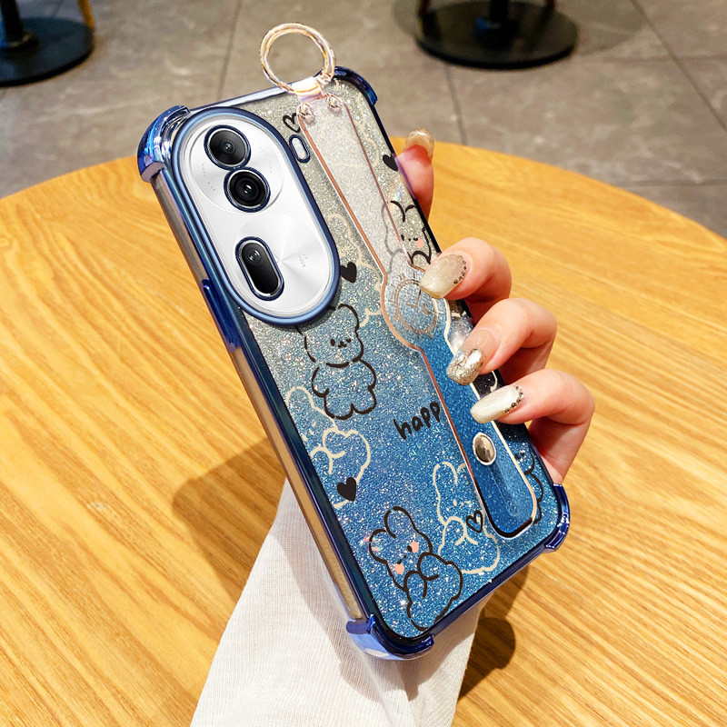 ปลอกสําหรับoppo Reno10 Pro 5G Reno11 Pro 5G Reno11 F 5Gหรูหราสี่มุมAnti Drop Lineหมีสายรัดข้อมือวงเล็บGlitterผงฝาครอบป้องกัน