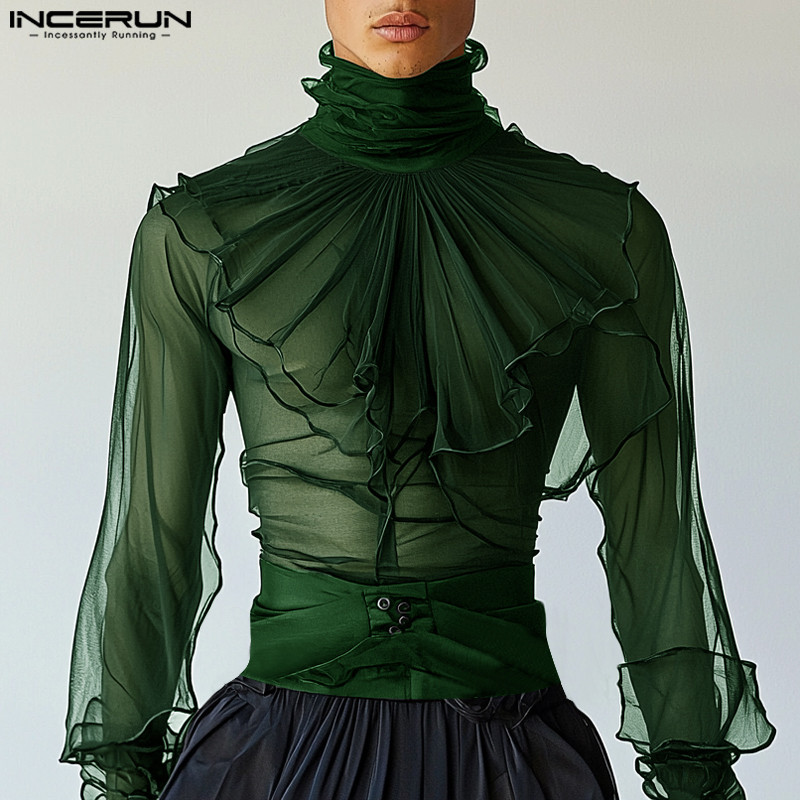 Incerun เสื้อเชิ้ตแขนยาวคอเต่าแฟชั่นวินเทจสําหรับผู้ชาย Presale