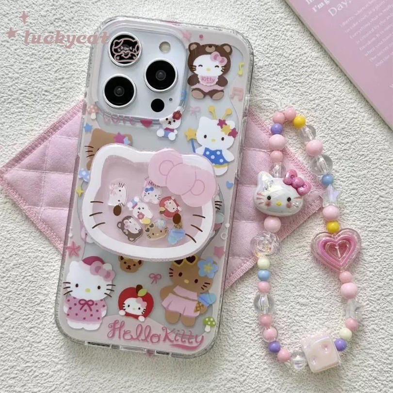 Iphone 16 15 14 13 12 11 Pro Max X Xr Xs Max 7 8 Plus SE2020 เคสโทรศัพท์หวานน่ารักสวมใส่กระโปรง KT Cat รูปแบบ + Shake Happy Stand + Lanyard Clear Soft ฝาหลัง