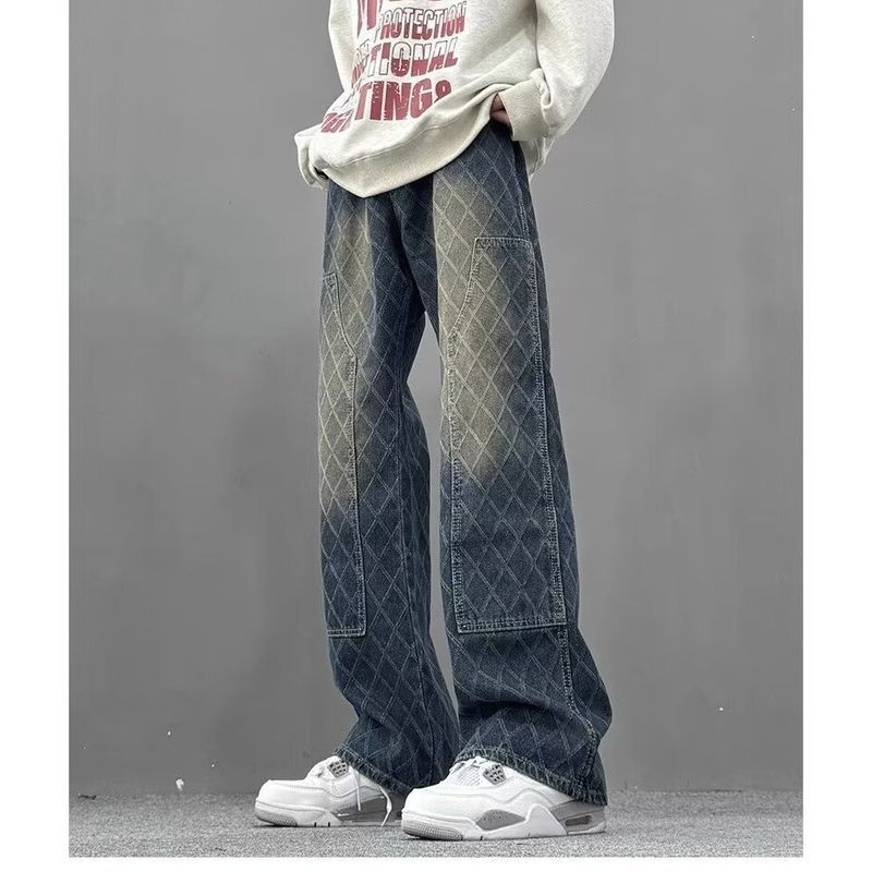 Urbglam กางเกงยีนส์ผู้ชาย American Retro Diamond Jacquard Bootcut Pants