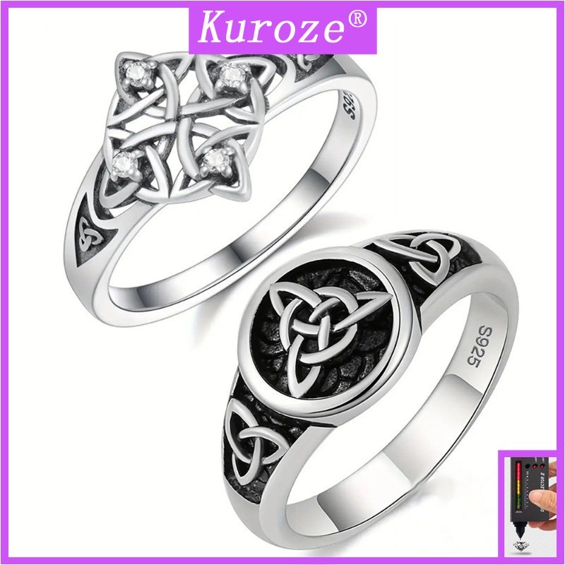 Kuroze Vintage Thai Silver Trinity Ring Witch Celtic Amulet Diamond-Studded Ring