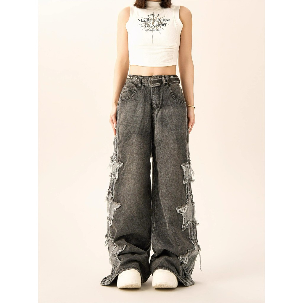 ลายดาวห้าแฉกกางเกงยีนส์อเมริกันกางเกงขาตรงผู้หญิงหลวมย้อนยุคกางเกงยีนส์ขากว้างผู้ชาย