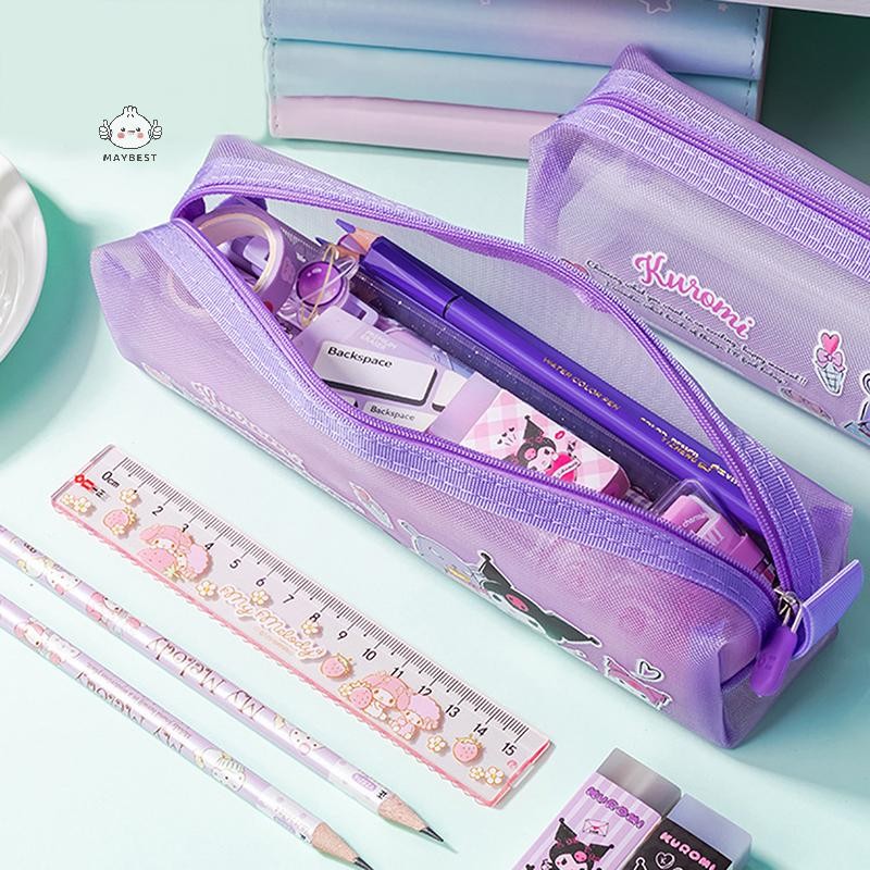 {maybest} Sanrio Cute Mesh Pencil Case Kuromi Cinnamoroll Portable Stationery Box Large Capacity Pen Bag School Supplies Childrens Gift {TH}