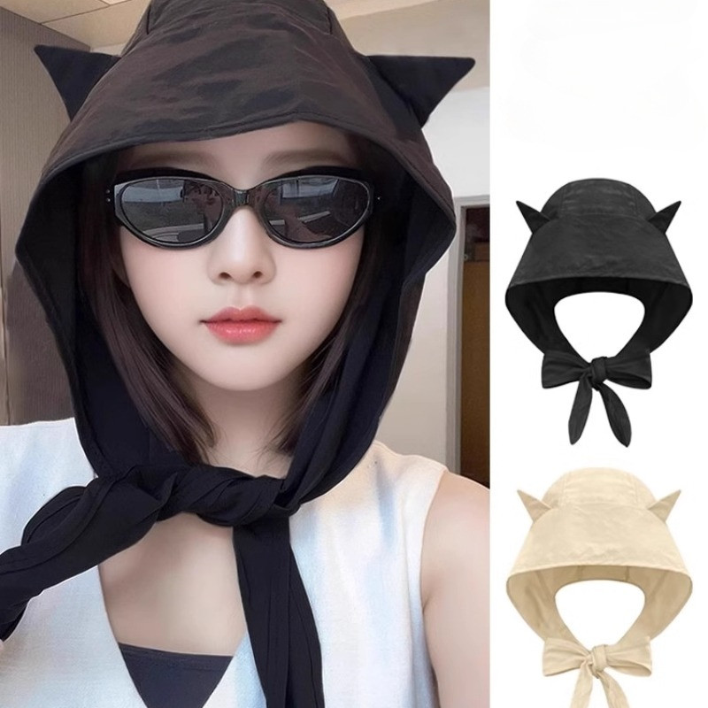 หมวกกันแดดกันแดดแห้งเร็วสายรัดปีศาจน้อย, อุปกรณ์ป้องกันหูแบบบางของผู้หญิง, ที่คาดผม, หมวก, หูแมวน่ารัก, ซอก ออกนอกบ้าน
