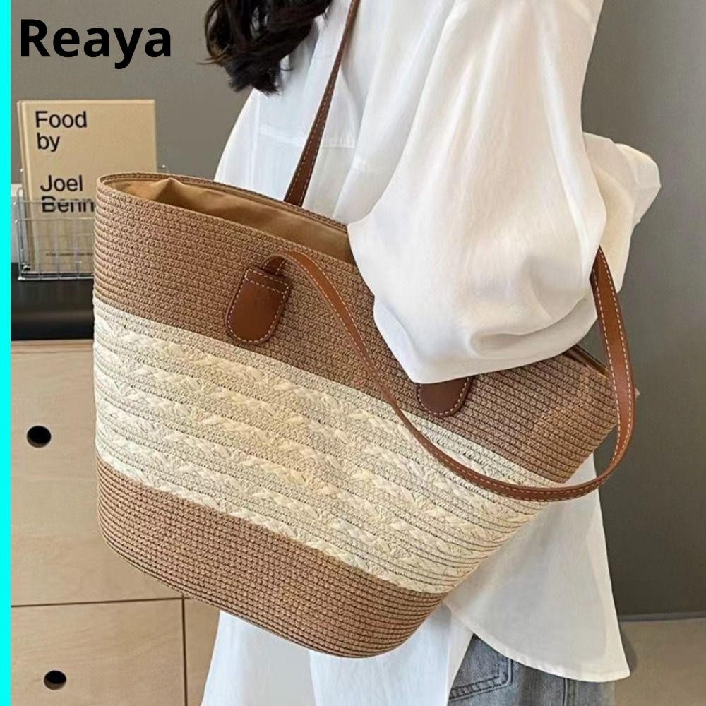กระเป๋าผ้าทอ REAYA กระเป๋าสะพายทอลายทางสี่เหลี่ยม กระเป๋าใต้วงแขนฟาง กระเป๋าชายหาดวันหยุดพักผ่อนความจุขนาดใหญ่