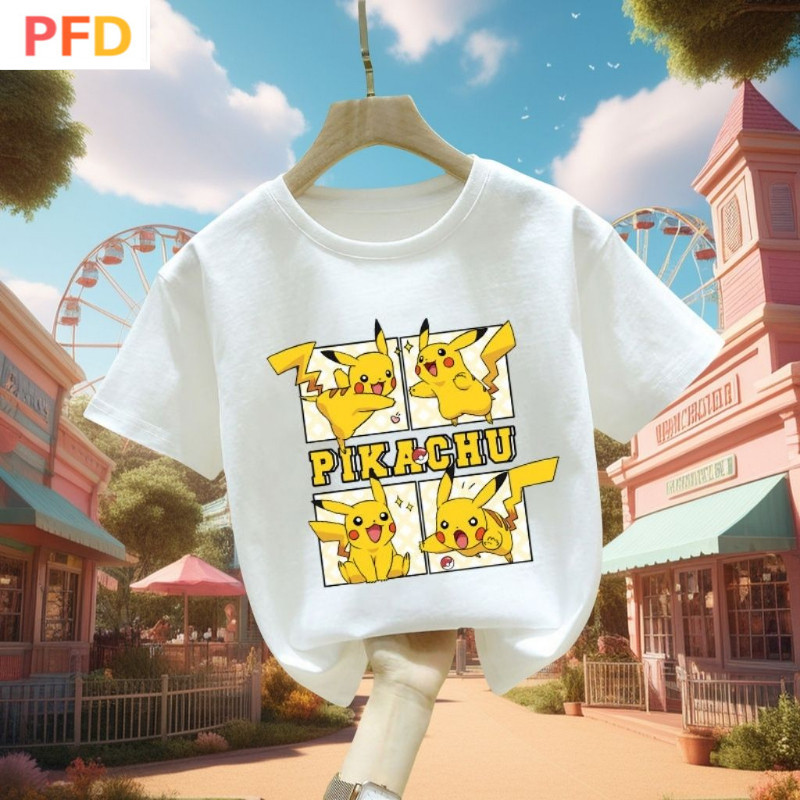 Pokemon Pikachu เสื้อยืดแขนสั้นเด็กชายหญิงฤดูร้อนเสื้อผ้าเด็กสไตล์ใหม่
