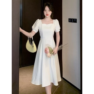 เดรสยาว ขาว งานแต่ง ทํางาน น่ารัก รัดรูป เกาหลี ออกงาน วินเทจ แฟชั่น ผู้หญิง white dress