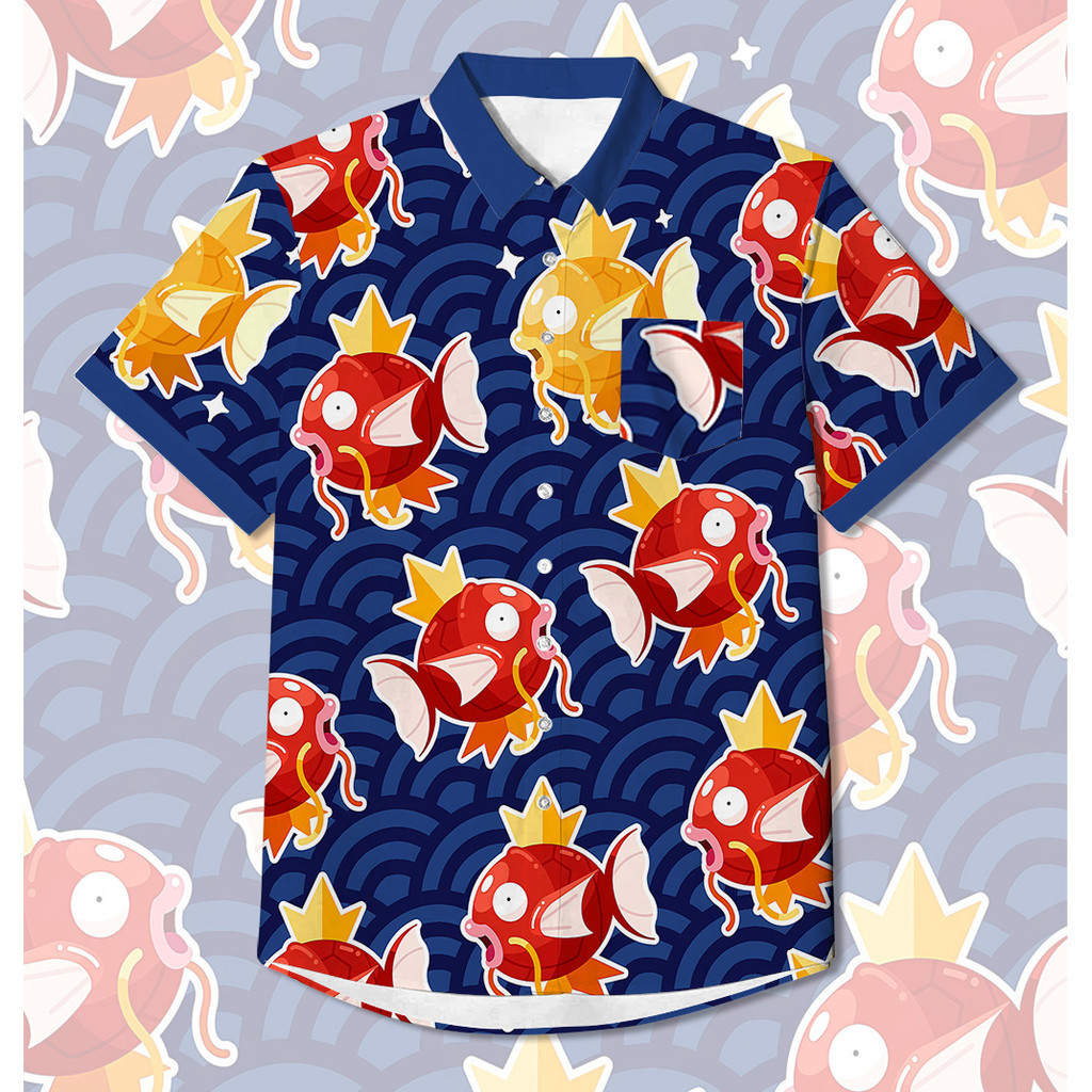 รูปแบบผลไม้และอาหาร เสื้อฮาวายฤดูร้อน เสื้อเชิ้ตขายดี โปเกมอน น่ารัก การพิมพ์เสื้อเย็น รูปแบบสัตว์โปเกมอนที่สวยงาม