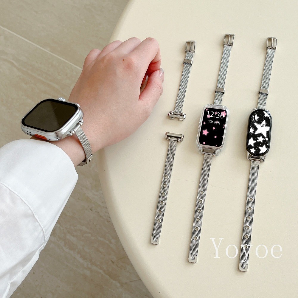 สายสแตนเลสสําหรับ Xiaomi Mi Band 8 9 Active สร้อยข้อมือสําหรับ Xiaomi Band 9 8 7 Pro 6 5 4 3 Slim Metal Watchband