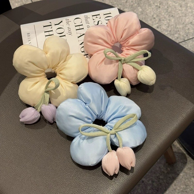ยางรัดผมฟองน้ำลายดอกไม้ ประดับดอกทิวลิป สไตล์เกาหลี มาใหม่