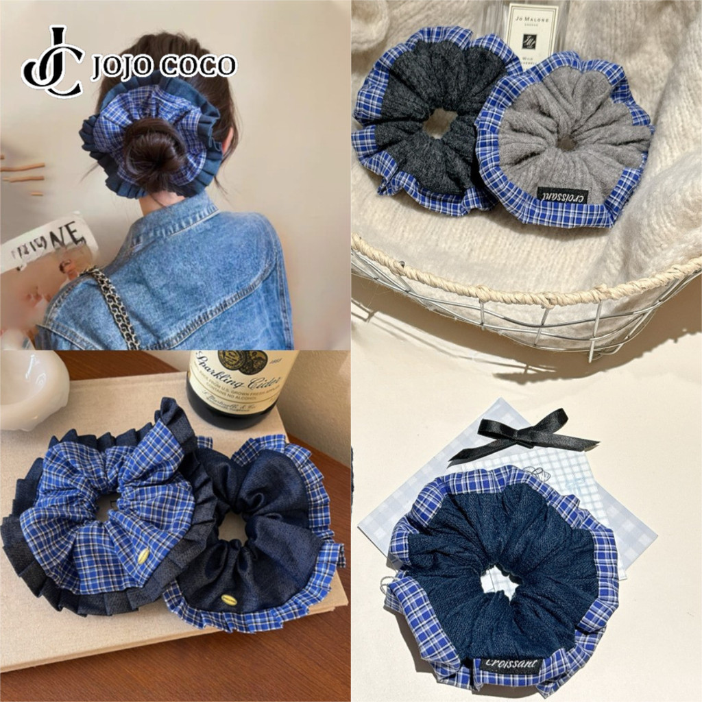 JOJO COCO Blue Checkered High-end แฟชั่นสไตล์ลําไส้ใหญ่กิ๊บติดผมสําหรับผู้หญิง