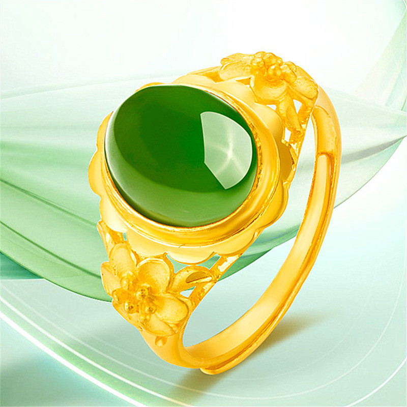 Minimalist Hollow ดอกไม้แหวนปรับสีเขียวอัญมณี Gold Plated แหวนผู้หญิงแฟชั่นเครื่องประดับขายส่ง