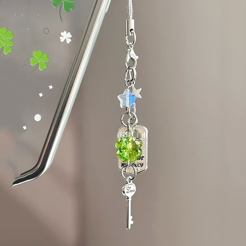 Lucky Four-leaf Clover โซ่โทรศัพท์เชือกเส้นเล็กลูกปัด CCD อุปกรณ์เสริมกล้องกระเป๋าพวงกุญแจจี้
